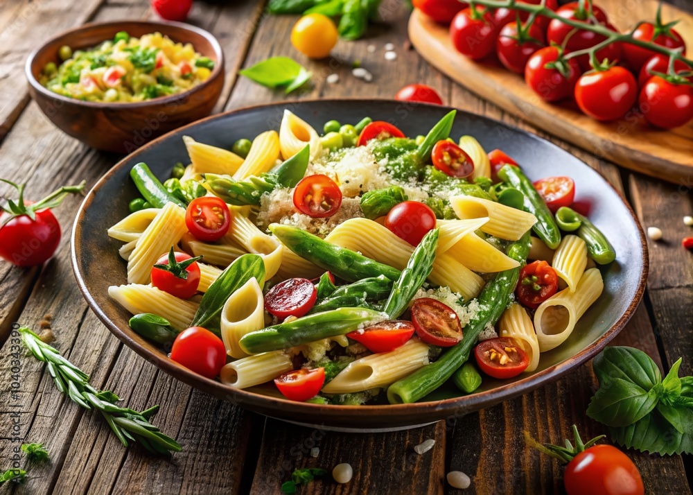 Vibrant Pasta Primavera with Fresh Spring Vegetables - Top View Culinary Delight Vibrant Pasta Primavera with Fresh Spring Vegetables - Top View Culinary Delight