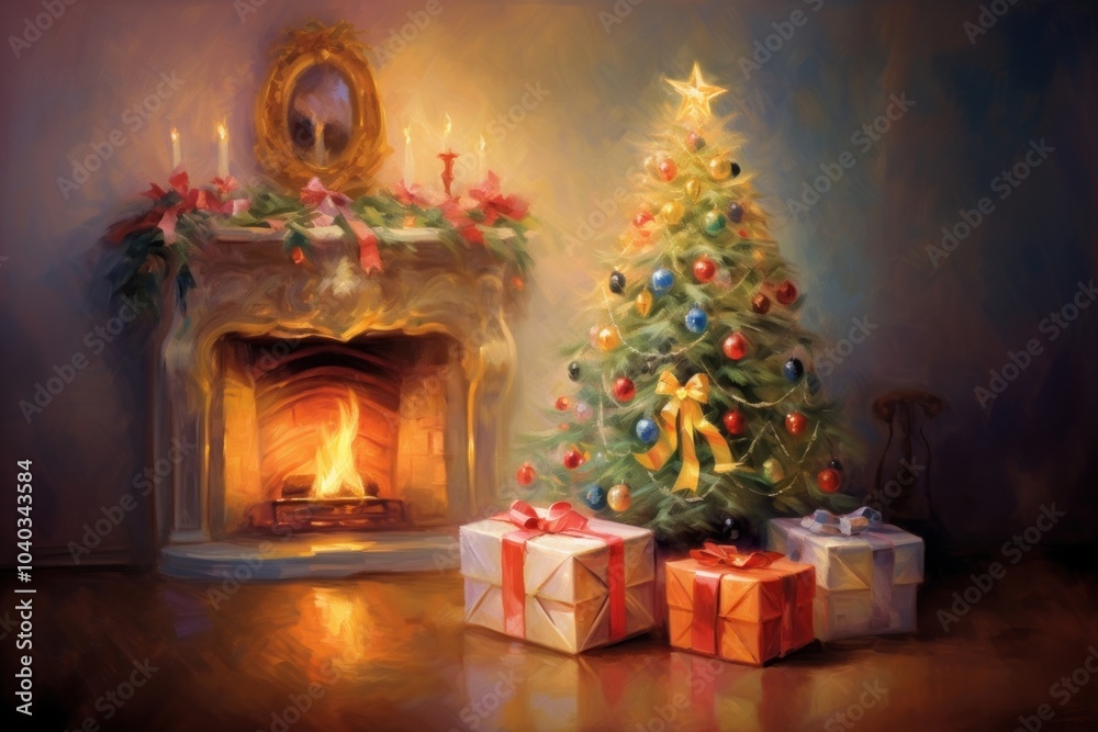 Gift box fireplace christmas decoration. Gift box fireplace christmas decoration.