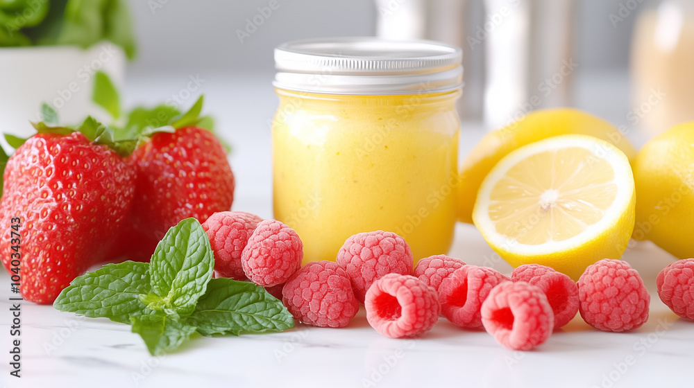 Colorful smoothie ingredients include strawberries, raspberries, and lemons neatly displayed on a kitchen countertop Colorful smoothie ingredients include strawberries, raspberries, and lemons neatly displayed on a kitchen countertop