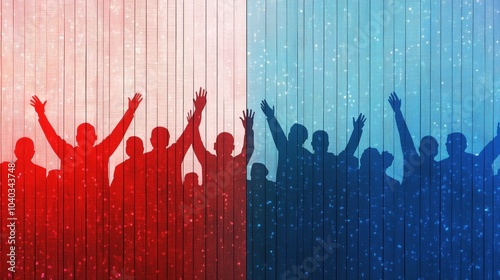 Silhouettes of joyful people celebrating on red and blue background, unity, excitement, polarization of society, electorate, illuminated with sparkling lights. Background for Election Campaign Art