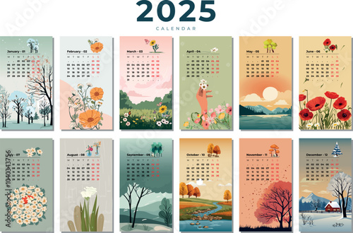 2025 Calendar Template flowers natual green 