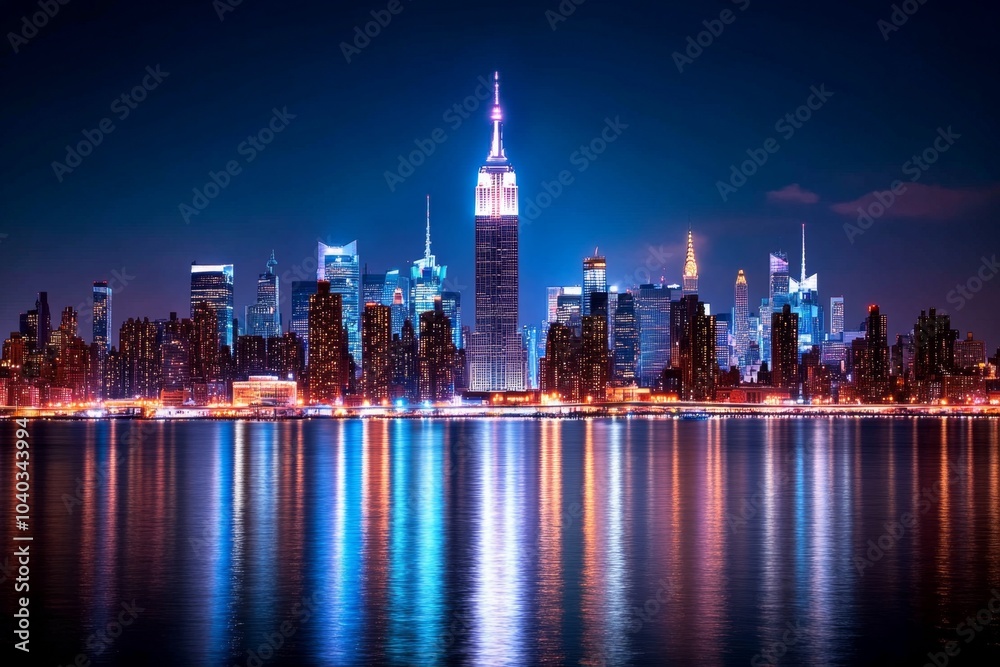 Fototapeta premium Bright city skyline at night, showcasing the triumph of human achievement and the power of industrial civilization