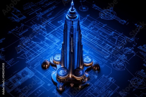 Blueprints of a towering skyscraper, highlighting the combination of vision, reason, and planning in Objectivist philosophy photo