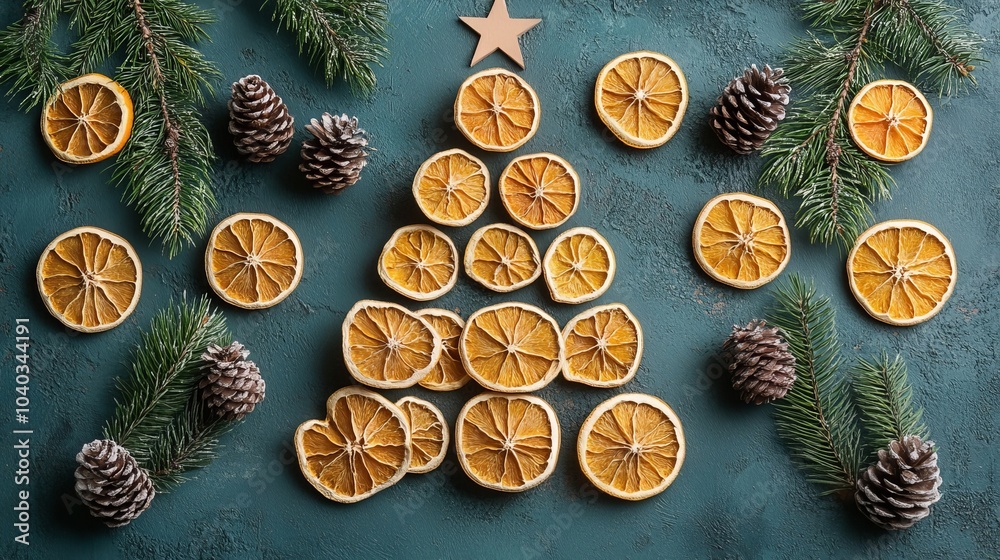 Christmas tree shape created using dried orange slices, pine cones, and fir branches on a textured background. Christmas decor and craftwork, eco friendly, sustainable concept. Christmas tree shape created using dried orange slices, pine cones, and fir branches on a textured background. Christmas decor and craftwork, eco friendly, sustainable concept.