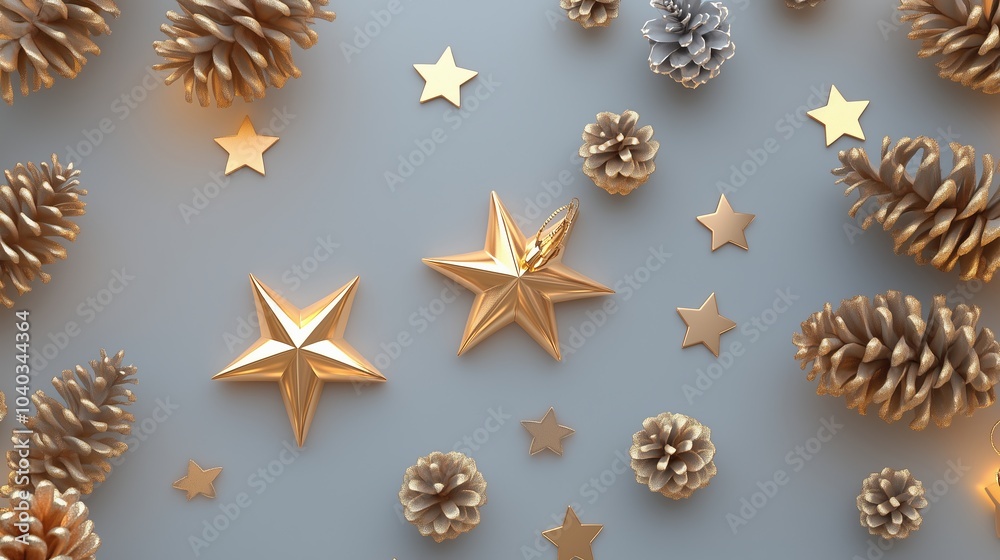 3D rendering of golden stars and pine cones on a gray background. 3D rendering of golden stars and pine cones on a gray background.