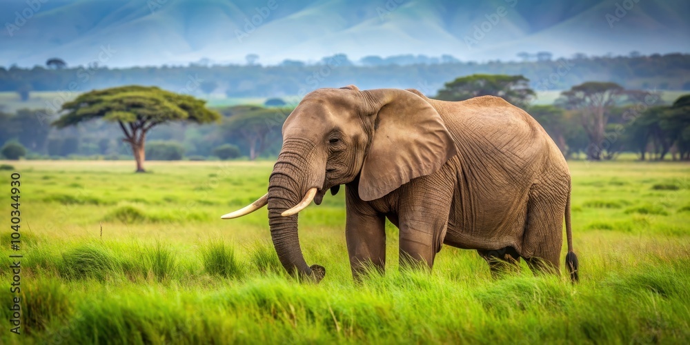 Fototapeta premium Elephant eating grass in a lush field, elephant, grass, eating, wildlife, nature, animal, herbivore, trunk, tusks, pachyderm