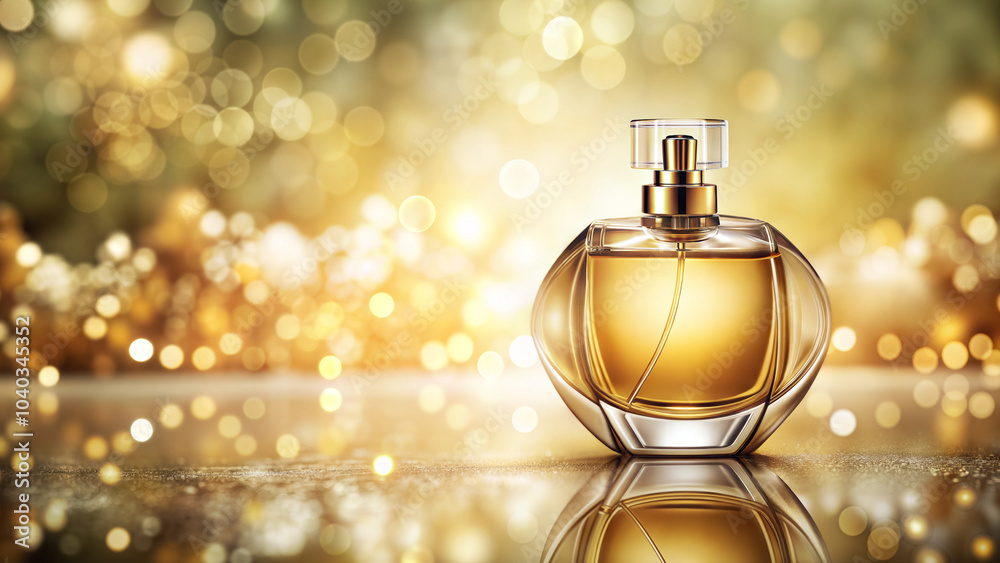 Elegant bottle of women's perfume on golden background with bokeh