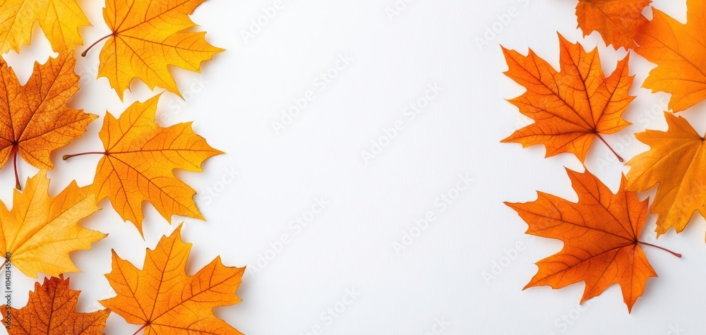 Fototapeta premium Colorful autumn leaves arranged artistically on a white background.
