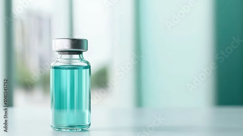 Blue liquid in glass vial on a neutral background photo