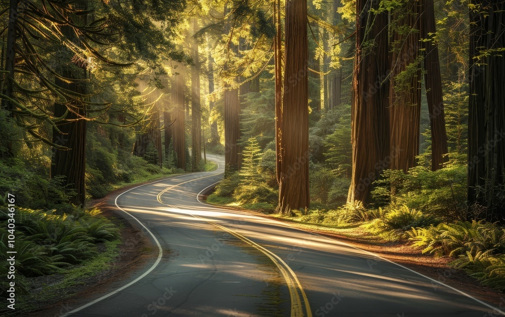 A serene, winding road bathed in sunlight, cutting through an ancient redwood forest, evoking a sense of peace and adventure A serene, winding road bathed in sunlight, cutting through an ancient redwood forest, evoking a sense of peace and adventure