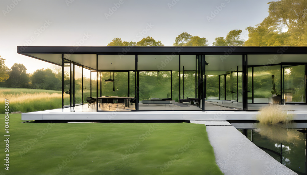 Fototapeta premium Minimalist Glass House in Serene Countryside Setting