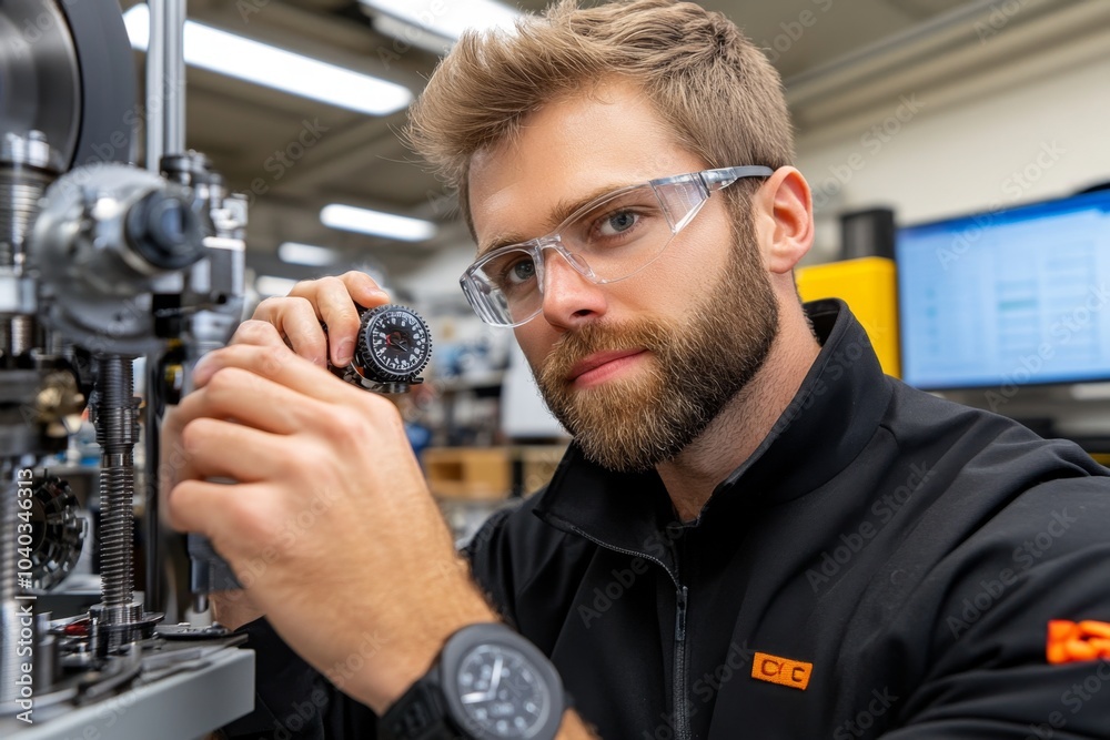 Close-up of gears and cogs, with a mechanical engineer fine-tuning the machinery, highlighting the intricacies of engineering design Close-up of gears and cogs, with a mechanical engineer fine-tuning the machinery, highlighting the intricacies of engineering design