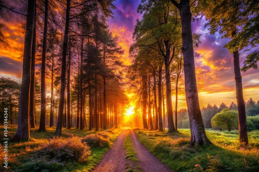 Fototapeta premium Vibrant Sunset Forest Path with Silhouetted Trees for Nature Photography