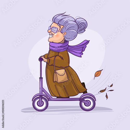 Cartoon granny riding electric scooter, vector illustration