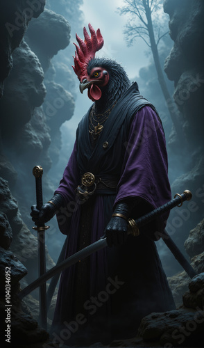 Samurai Chicken wearing a purple kimono