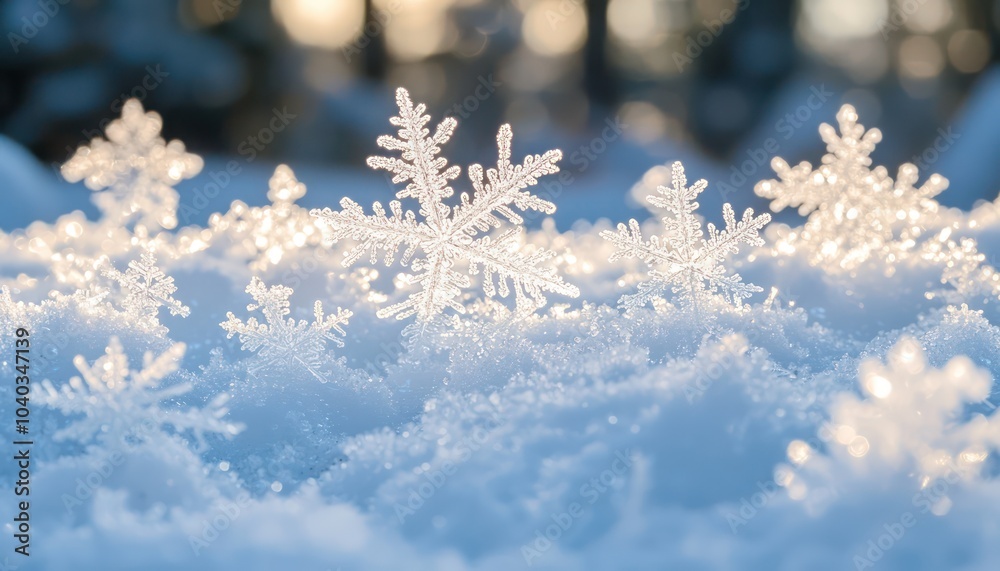 Close-up of snowflakes on a natural snowdrift, capturing the essence of winter Close-up of snowflakes on a natural snowdrift, capturing the essence of winter