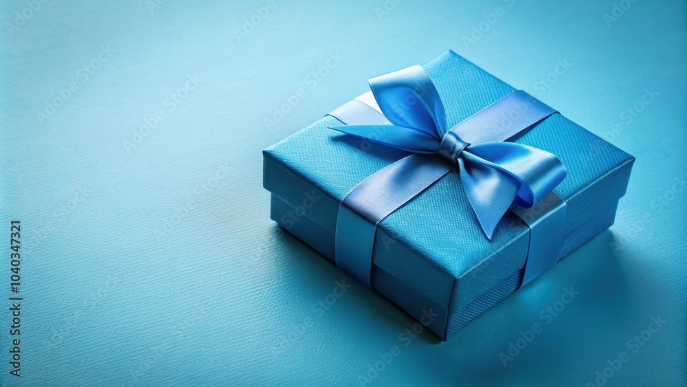 Fototapeta premium Blue gift box with ribbon, present, surprise, package, birthday, celebration, holiday, special occasion, festive, bow