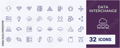 Data exchange line icons set. Related to transfer, communication, sharing, integration, file and more. Thin line icon collection. Editable stroke. Vector illustration.