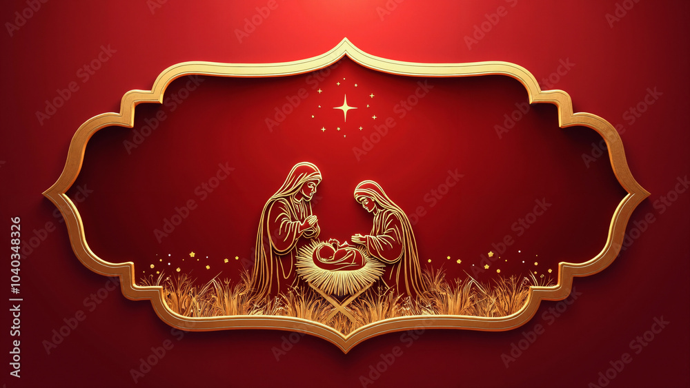 Elegant Gold Nativity Scene on Red: Christmas Greeting Card Design for Holiday Marketing and Invitations Elegant Gold Nativity Scene on Red: Christmas Greeting Card Design for Holiday Marketing and Invitations