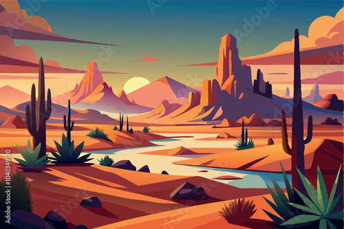 Desert landscape with dunes, canyons and cacti. Vector flat illustration