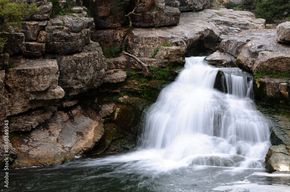 Obraz premium Ballikayalar Waterfalls, located in Gebze, Turkey, are deep in the canyon. There are 2 large waterfalls throughout the canyon. 