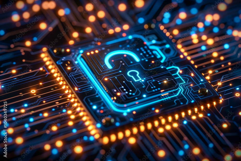 Illuminated Circuit Board with a Digital Lock and Glowing Connections in a High-Tech Environment Illuminated Circuit Board with a Digital Lock and Glowing Connections in a High-Tech Environment