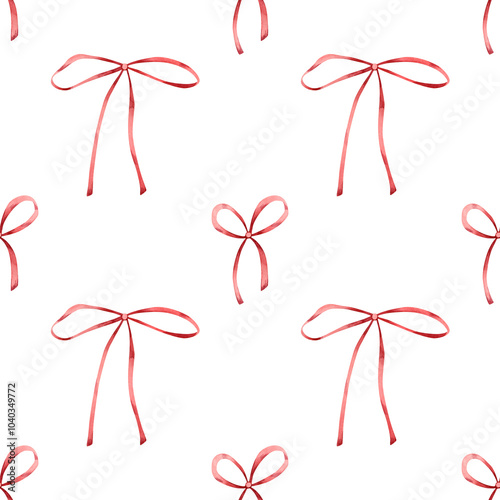 Red bow watercolor background. Seamless hand drawn pattern with cute red and pink bow illustration for children textile, fabric texture, wallpapers