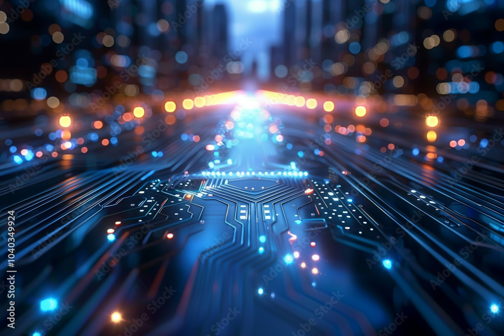Fototapeta premium Futuristic Digital Cityscape with Illuminated Circuit Board and Glowing Lights Over Urban Background