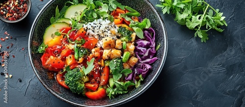 Colorful Buddha bowl with tofu, rice, red cabbage, broccoli, bell peppers, cucumber, and herbs on a black background.