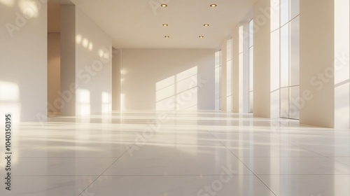 Sunlight streams through tall windows, casting geometric shadows across a pristine, expansive marble floor in a minimalist, modern interior space.