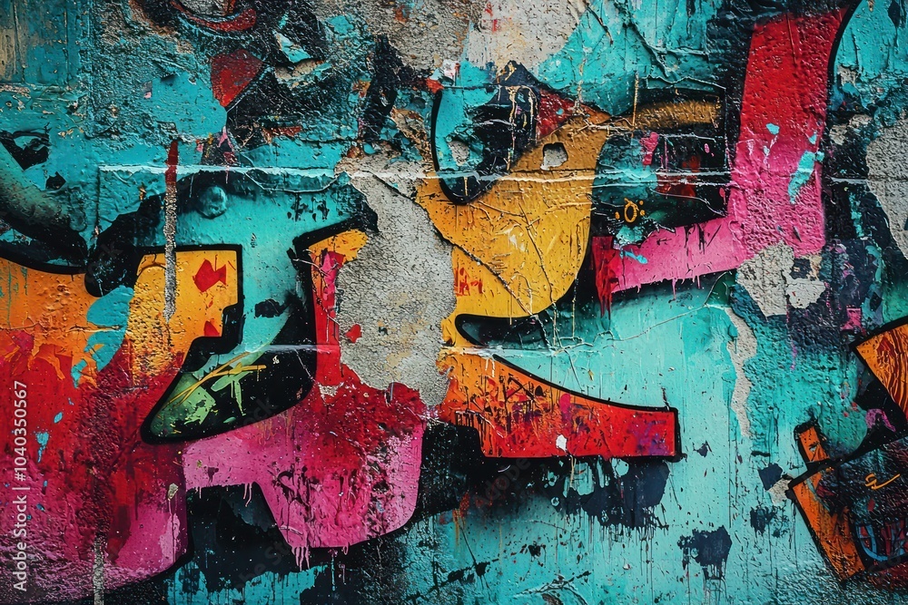 Fototapeta premium Colorful and expressive graffiti art on a weathered urban wall, illustrating the vibrant culture of street art and its impact on city aesthetics.