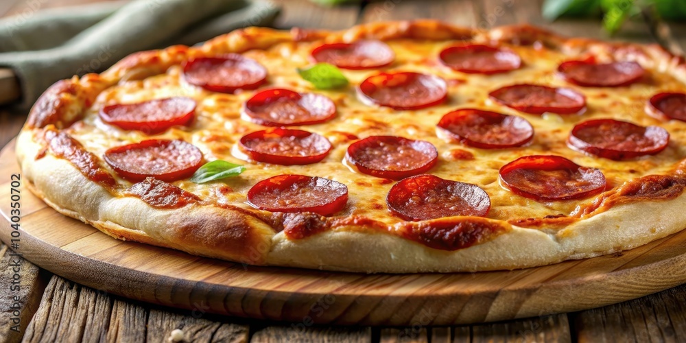A close-up of a delicious wood-fired pepperoni pizza with stretchy cheese and crispy crust , pizza, dough