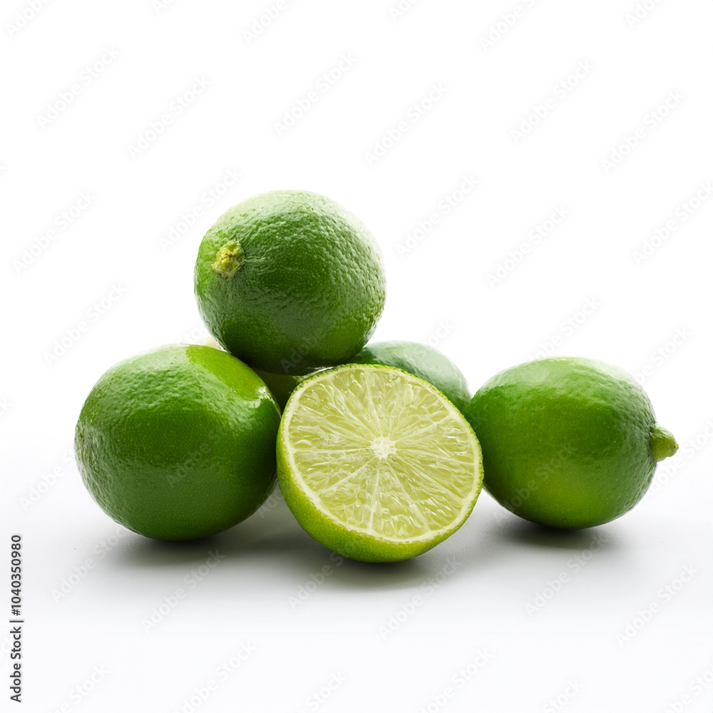 lime whole and sliced scattered around background concept isolated white