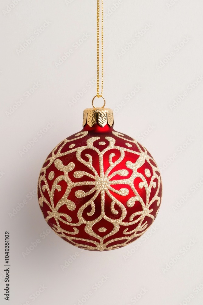 Elegant red Christmas ornament with intricate gold design, hanging on a white background. Elegant red Christmas ornament with intricate gold design, hanging on a white background.