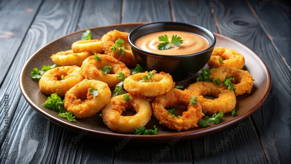 Plate of crispy fried shrimp rings drizzled with savory sauce, fried, shrimp, rings, crispy, delicious, seafood, appetizer Plate of crispy fried shrimp rings drizzled with savory sauce, fried, shrimp, rings, crispy, delicious, seafood, appetizer