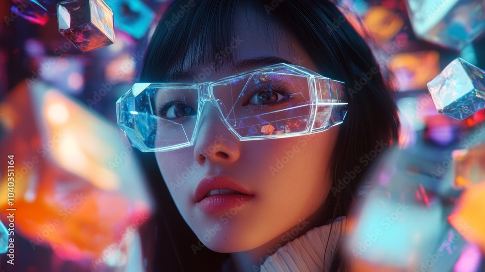An Asian woman wearing white smart glasses, surrounded by colorful floating futuristic background An Asian woman wearing white smart glasses, surrounded by colorful floating futuristic background