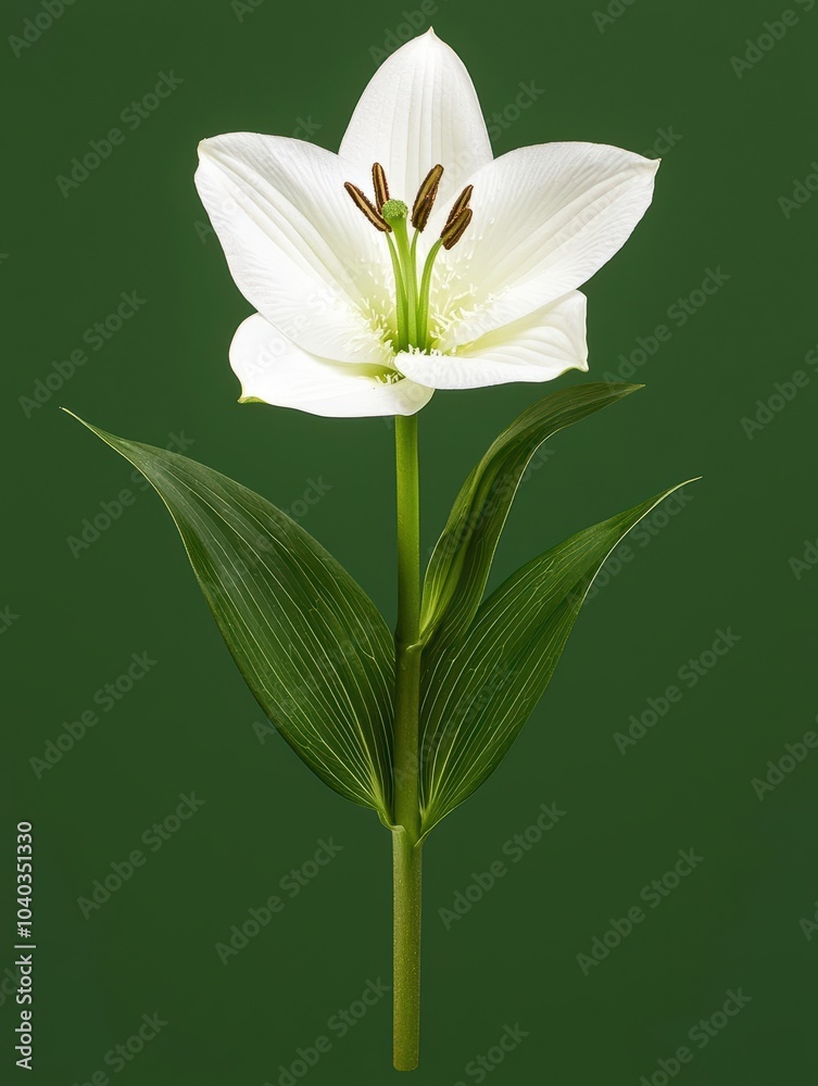 Fototapeta premium Beautiful white lily flower with green leaves on a dark background.