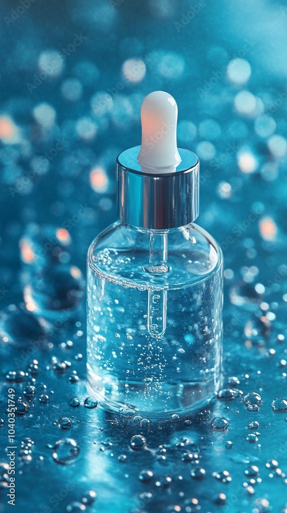 Sparkling serum droplet bottle on aqua surface with shimmering bokeh background, capturing essence of hydration and luxury skincare in cool tones. Sparkling serum droplet bottle on aqua surface with shimmering bokeh background, capturing essence of hydration and luxury skincare in cool tones.