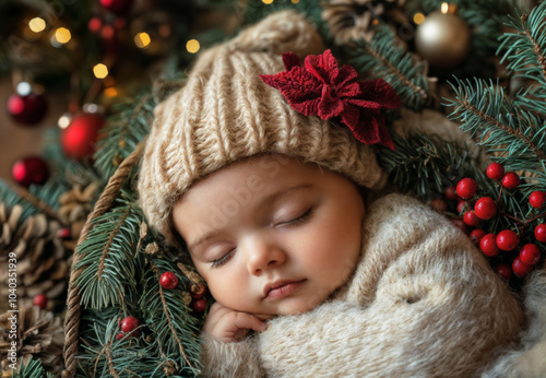 Baby girl sleeping peacefully in a basket surrounded by christmas decorations