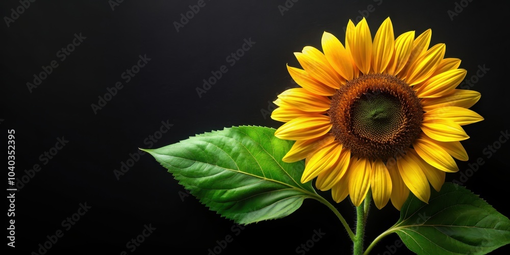 Fototapeta premium Stylized of a yellow sunflower with green leaves on a black background , Sunflower, nature, floral, plant, beauty, vibrant