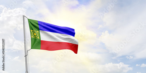 Khakassia flag waving on sky background. 3D Rendering