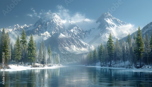 Snowy Mountain Landscape with Pine Trees and Stream 