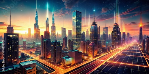 Wallpaper Mural Vintage Digital Cityscape: Technological Advancement and Data Visualization in Retro Style Torontodigital.ca