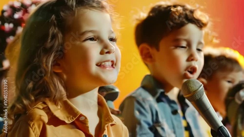 A girl and a boy are singing into a microphone
