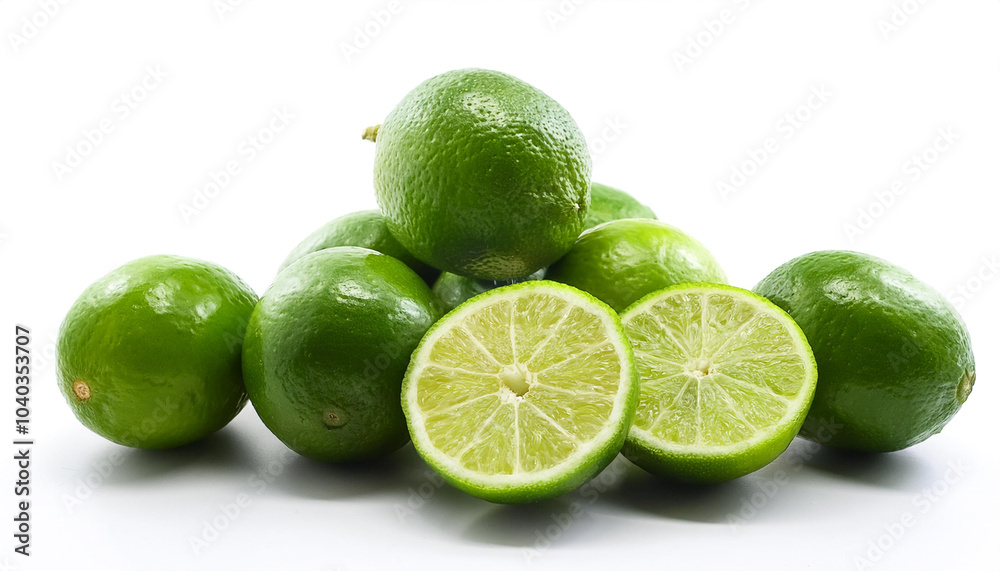 lime whole and sliced scattered around background concept isolated white lime whole and sliced scattered around background concept isolated white