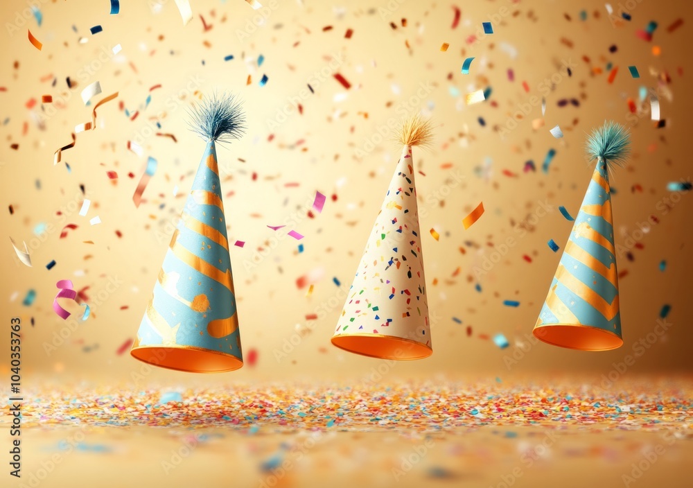 a wallpaper with birthday hats falling, include party confetti, golden background color a wallpaper with birthday hats falling, include party confetti, golden background color