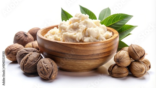 Aerial view of shea butter and shea nuts isolated on white background cut out
