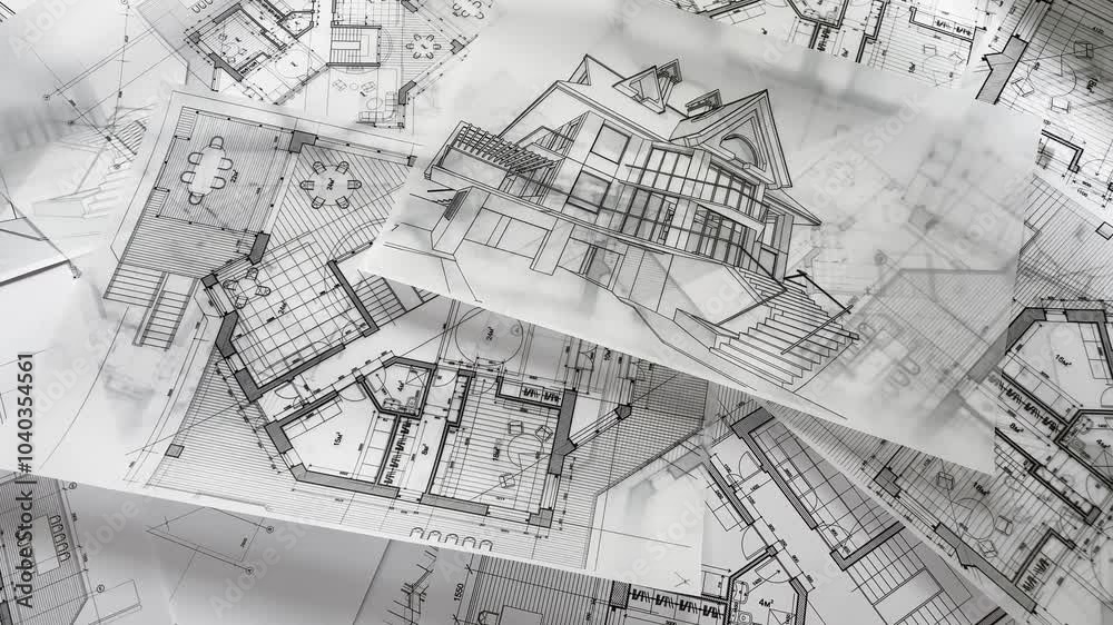 Architecture design: blueprint plan - illustrations of a plan modern residential building / technology, industry, business concept illustration: real estate, building, construction, architecture