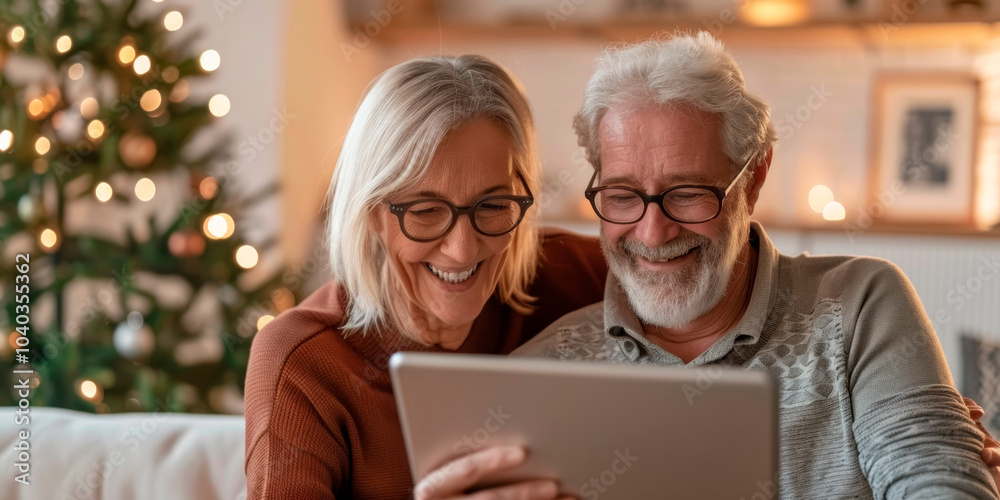 Elderly couple enjoys a cozy evening together while using a tablet during the holiday season Elderly couple enjoys a cozy evening together while using a tablet during the holiday season