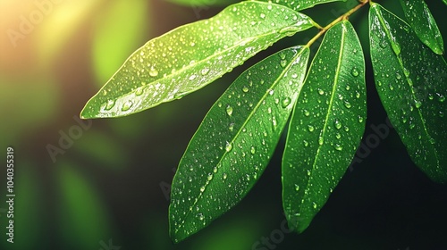 Vibrant green leaves glistening with morning dew drops, illuminated by soft sunlight filtering through the foliage, creating a serene natural backdrop.